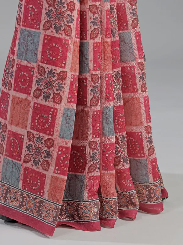 Red printed saree in semi cotton with thread work