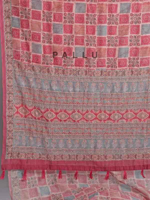 Red printed saree in semi cotton with thread work