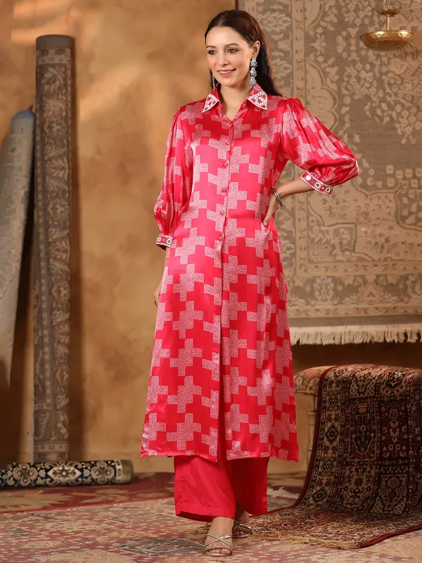 Red printed satin silk kurti set