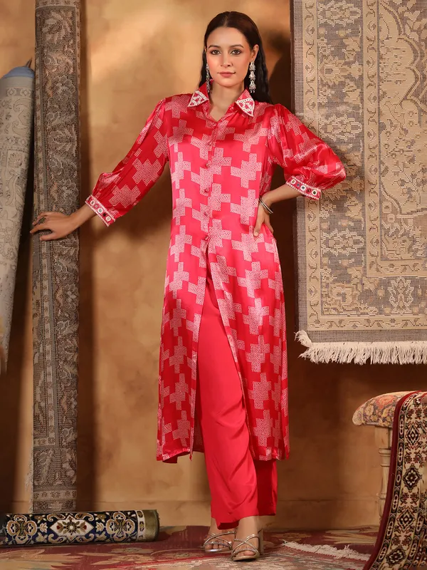 Red printed satin silk kurti set