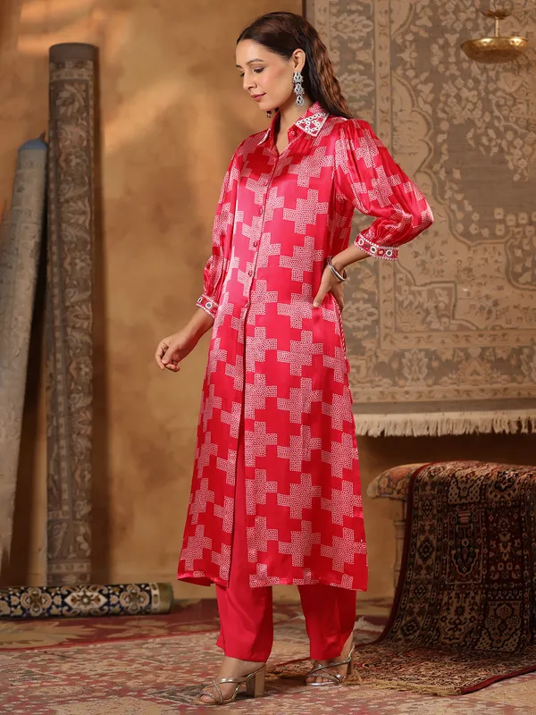 Red printed satin silk kurti set