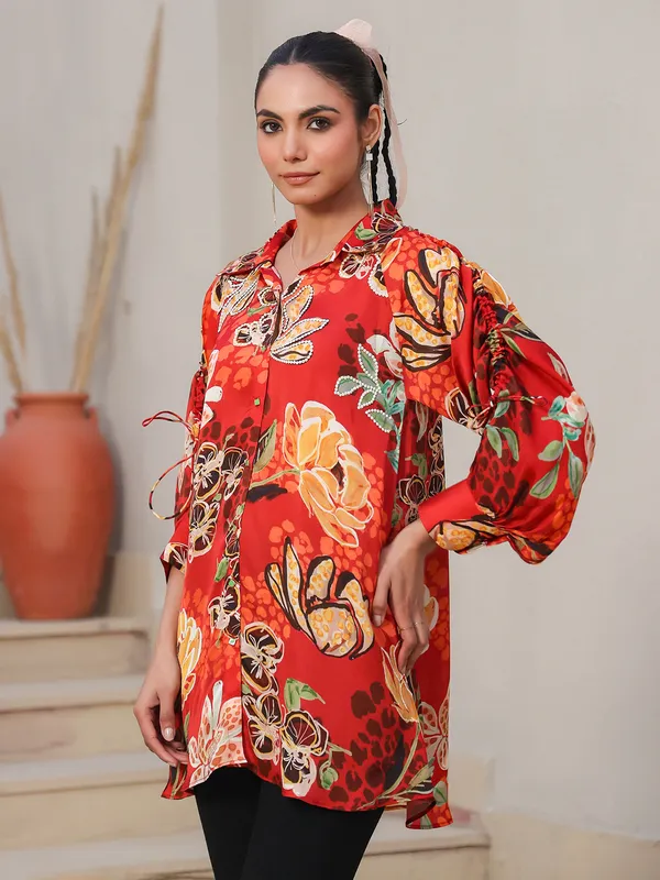 Red printed satin silk top for women