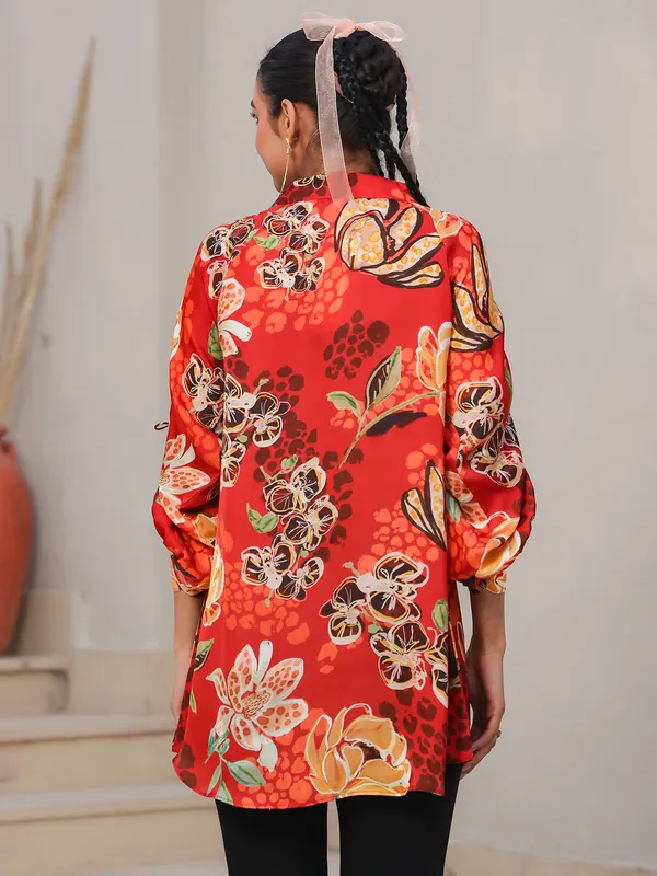 Red printed satin silk top for women