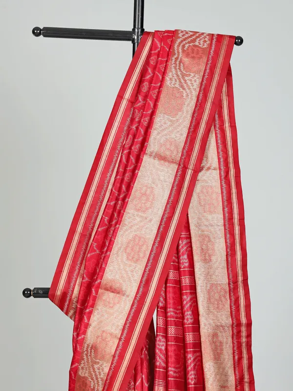 Red printed semi cotton silk saree for women