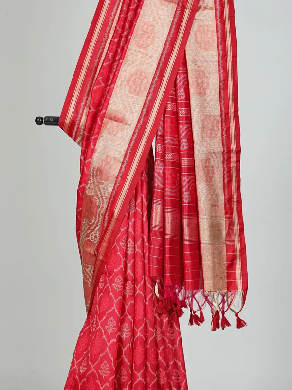 Red printed semi cotton silk saree for women
