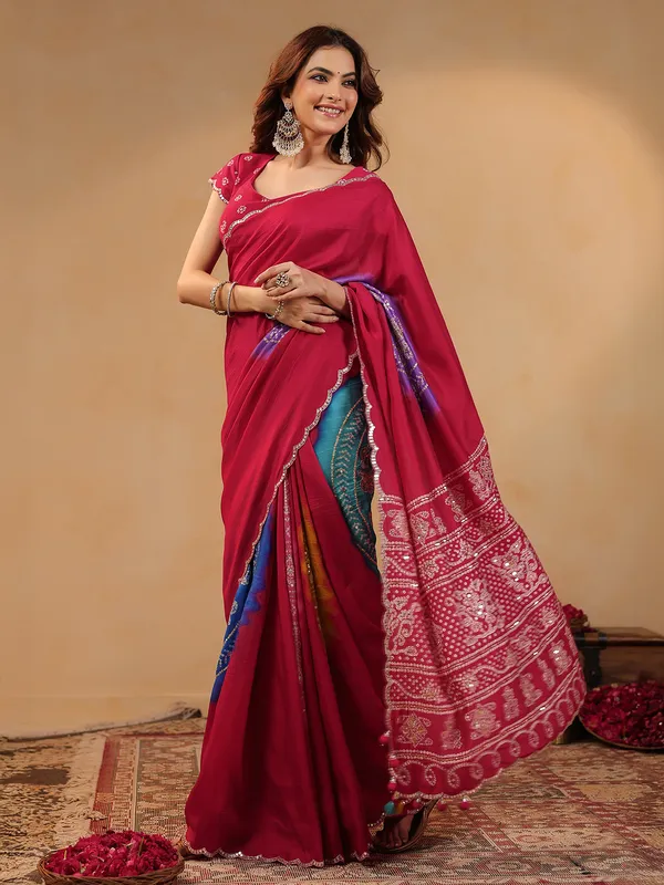 Red printed silk festive occasion saree