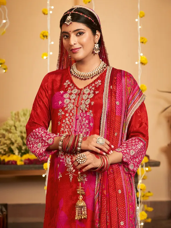 Red printed silk festive wear salwar suit