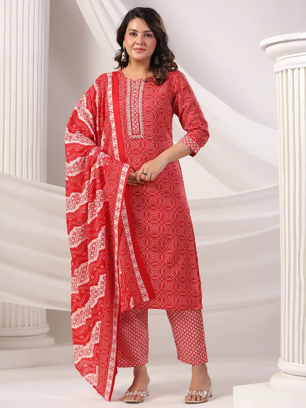 Red printed silk kurti set for festive