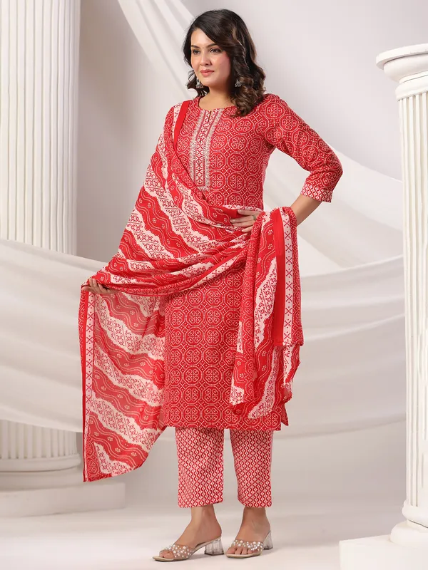 Red printed silk kurti set for festive