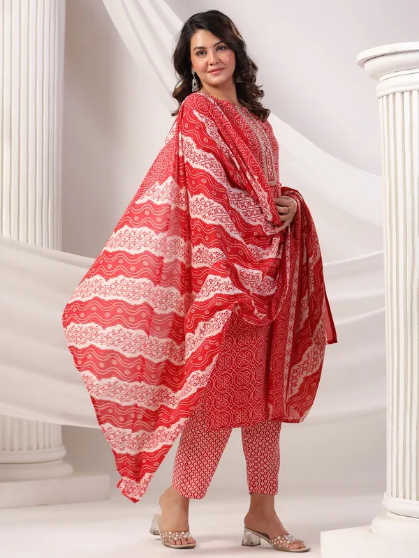 Red printed silk kurti set for festive