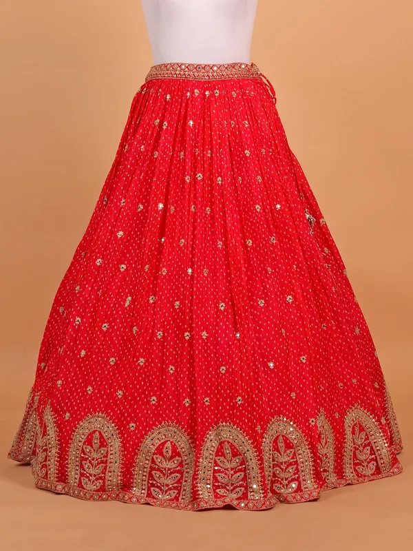 Red printed silk lehenga choli for women