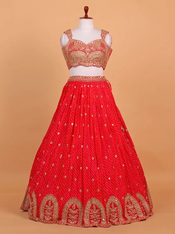 Red printed silk lehenga choli for women
