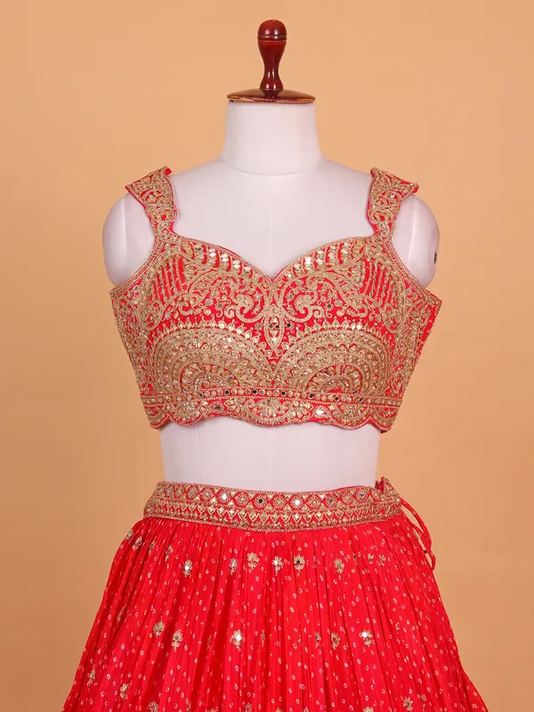 Red printed silk lehenga choli for women