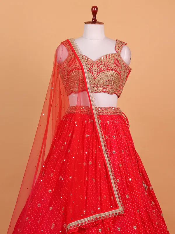 Red printed silk lehenga choli for women