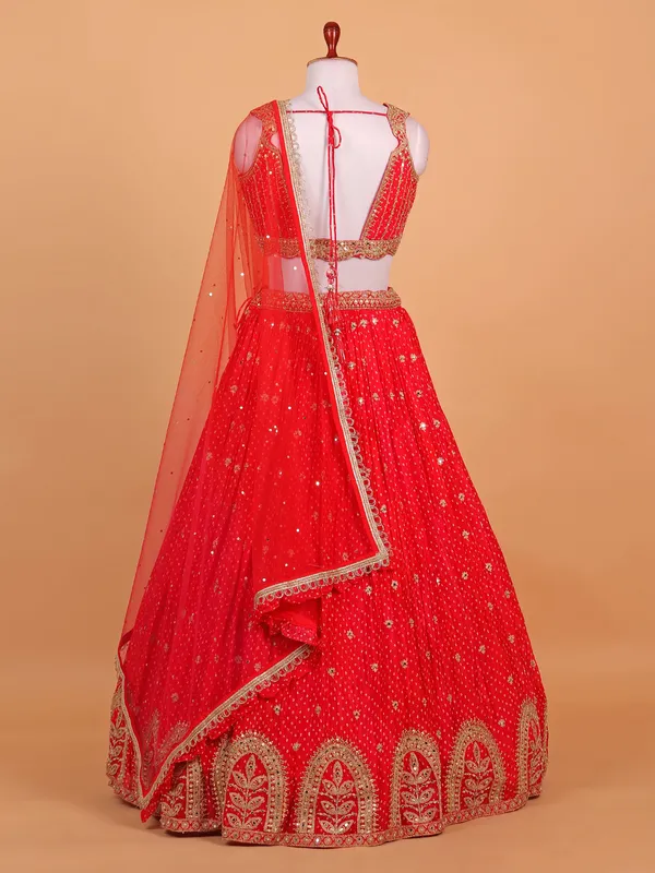 Red printed silk lehenga choli for women