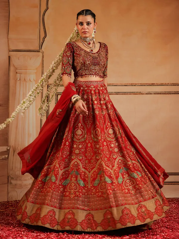 Red printed silk lehenga choli wedding wear