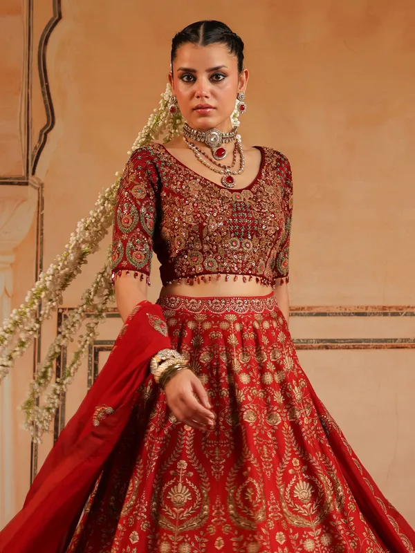 Red printed silk lehenga choli wedding wear