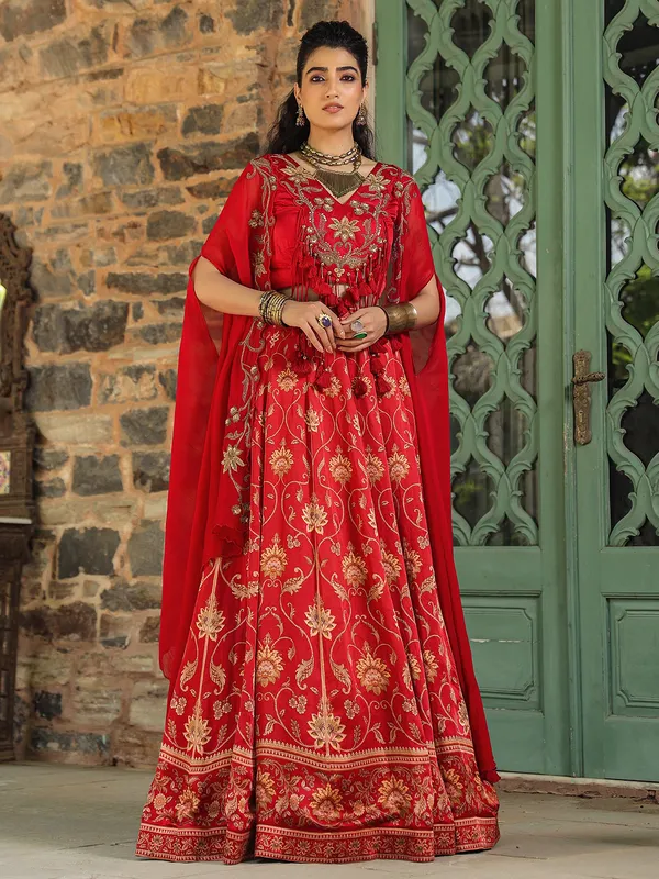 Red printed silk lehenga choli with shrug