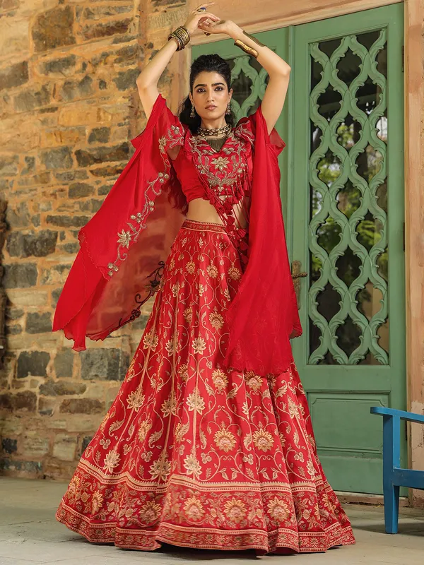 Red printed silk lehenga choli with shrug