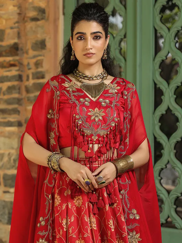 Red printed silk lehenga choli with shrug