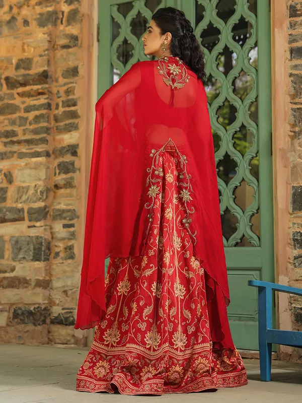 Red printed silk lehenga choli with shrug