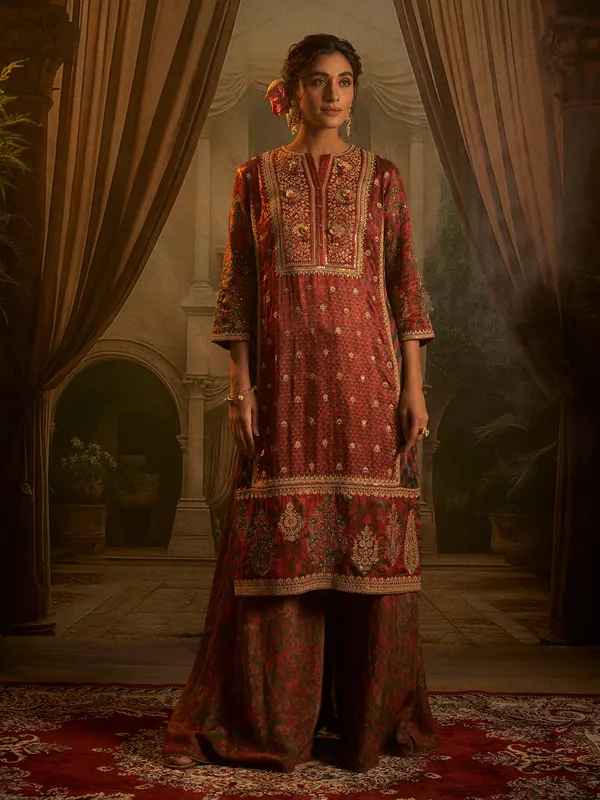 Red printed silk pakistani suit