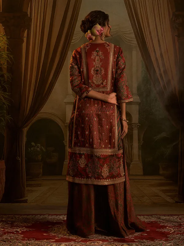Red printed silk pakistani suit