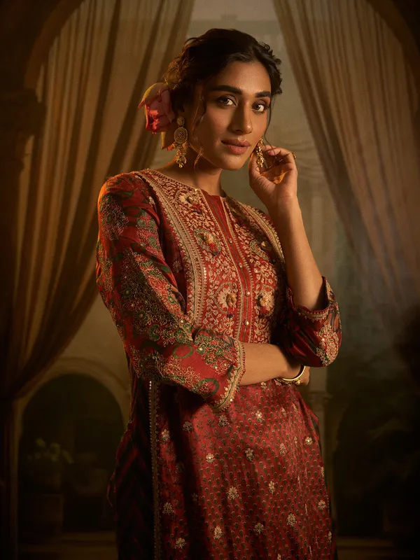 Red printed silk pakistani suit