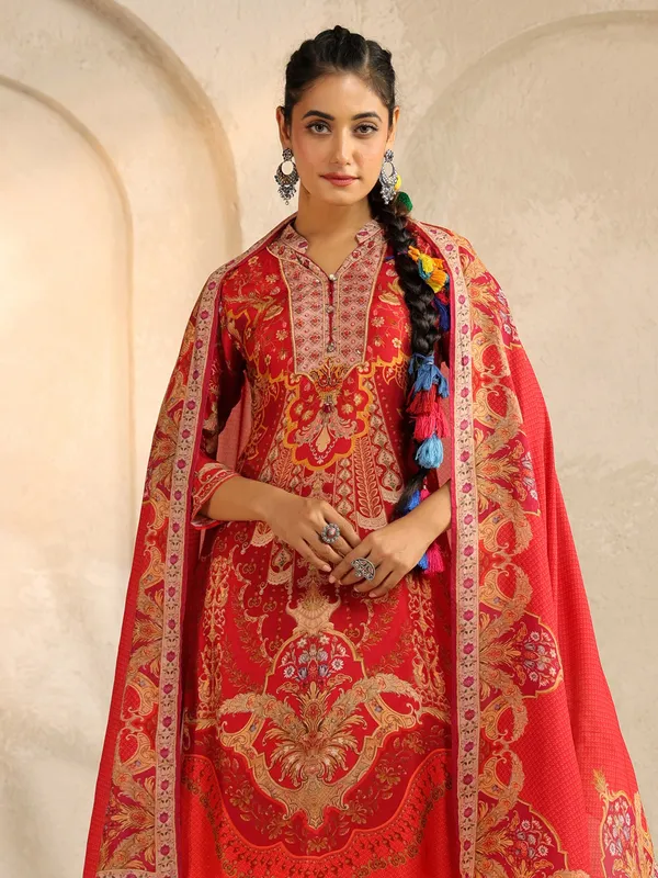 Red printed silk salwar suit for women