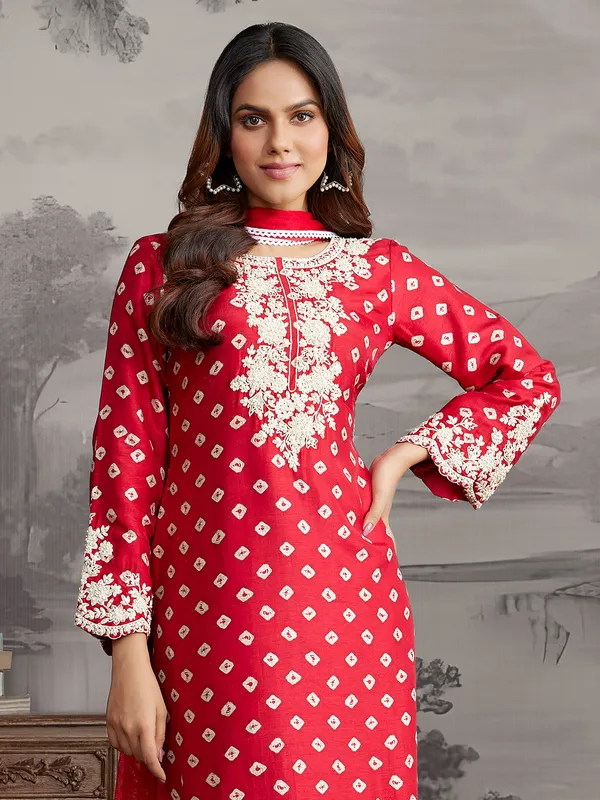 Red printed silk salwar suit with dupatta