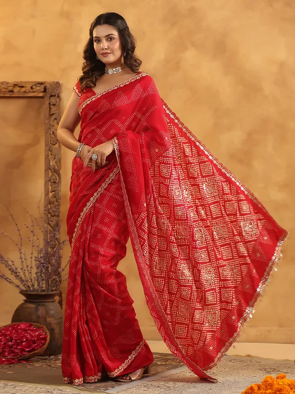 Red printed silk saree for festive wear