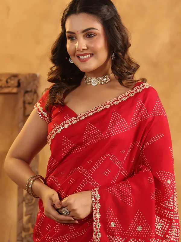 Red printed silk saree for festive wear