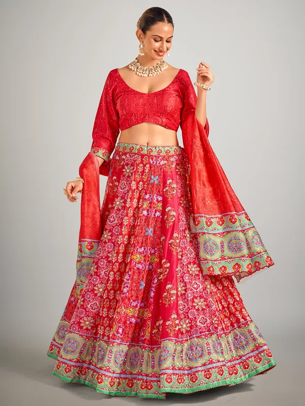 Red printed silk wedding wear lahenga choli