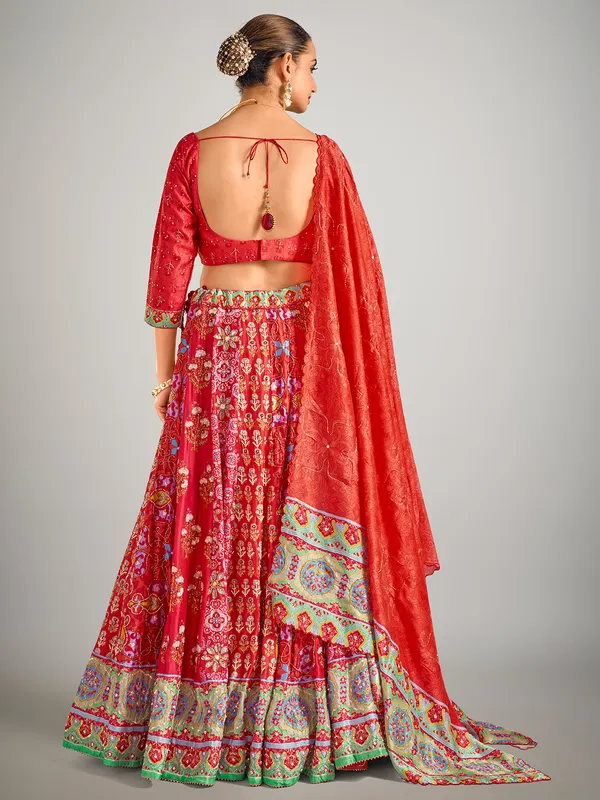 Red printed silk wedding wear lahenga choli