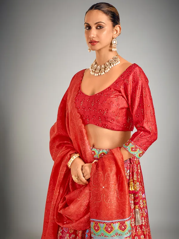 Red printed silk wedding wear lahenga choli