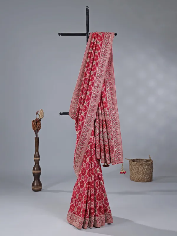 Red printed silk wedding wear saree