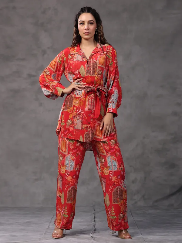 Red printed viscose crepe co ord set