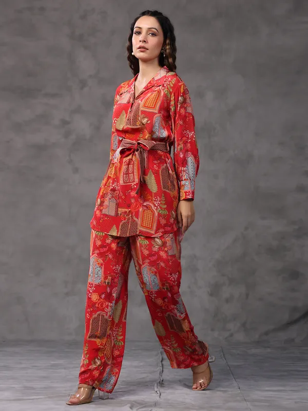 Red printed viscose crepe co ord set