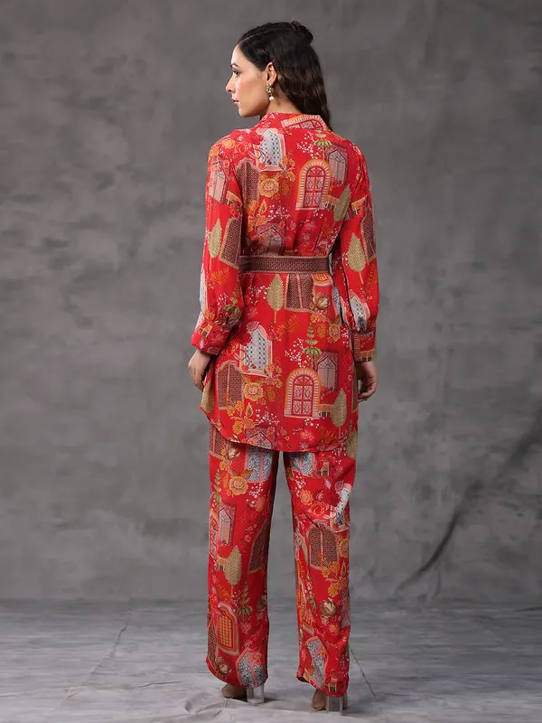 Red printed viscose crepe co ord set