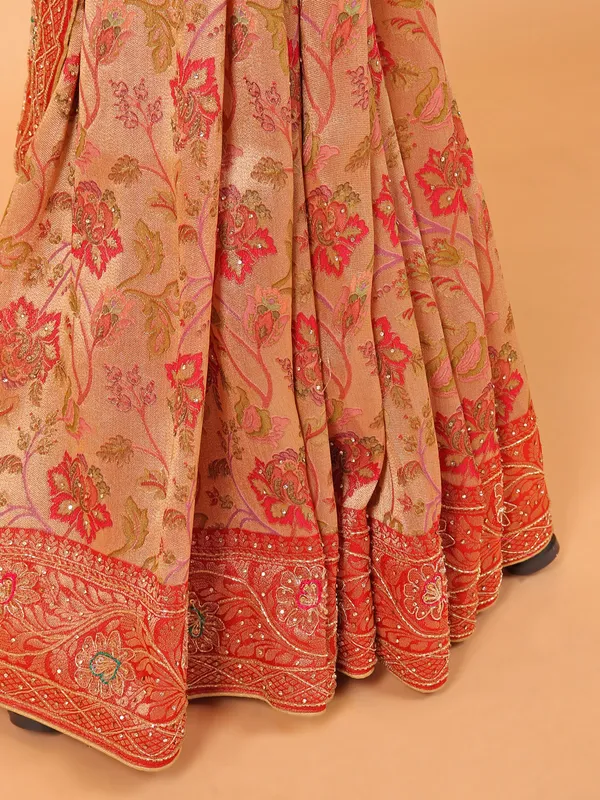 Red printed wedding saree in dola silk