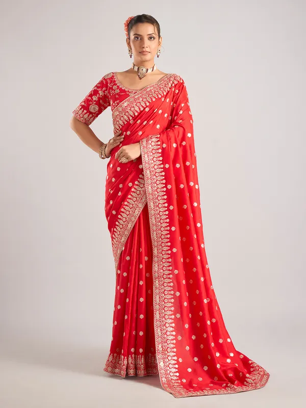 Red pure dola silk saree with beads and resham