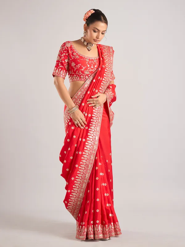 Red pure dola silk saree with beads and resham