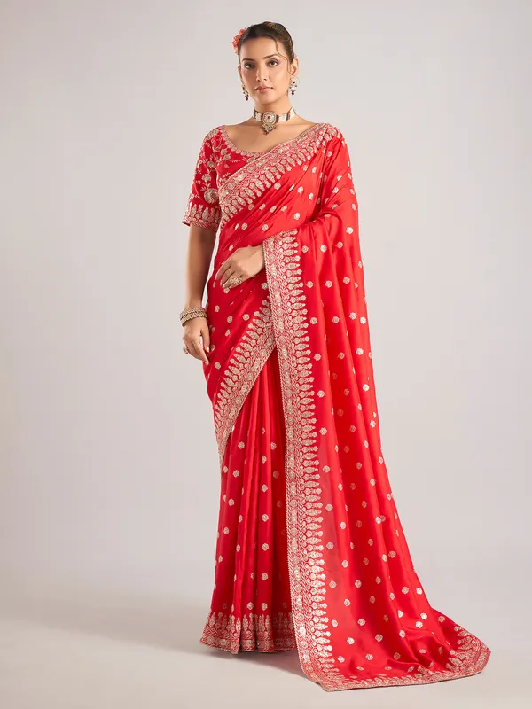 Red pure dola silk saree with beads and resham