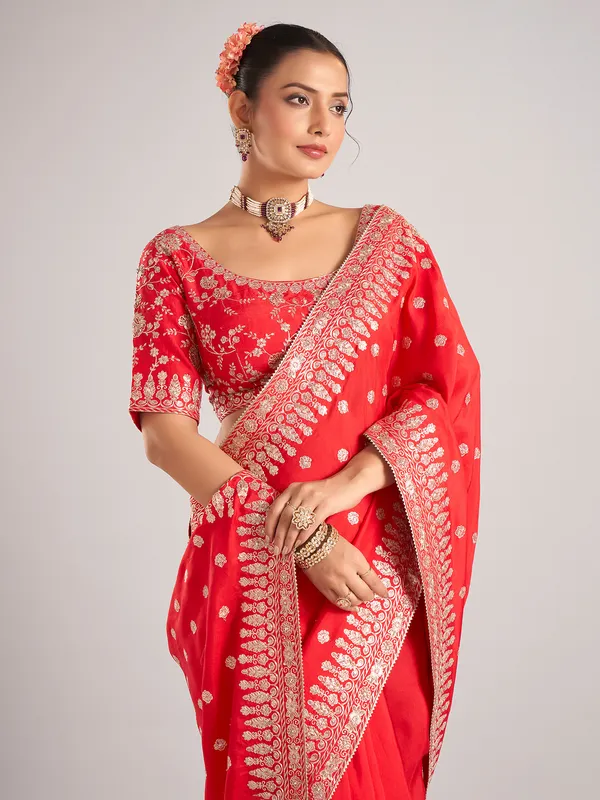 Red pure dola silk saree with beads and resham