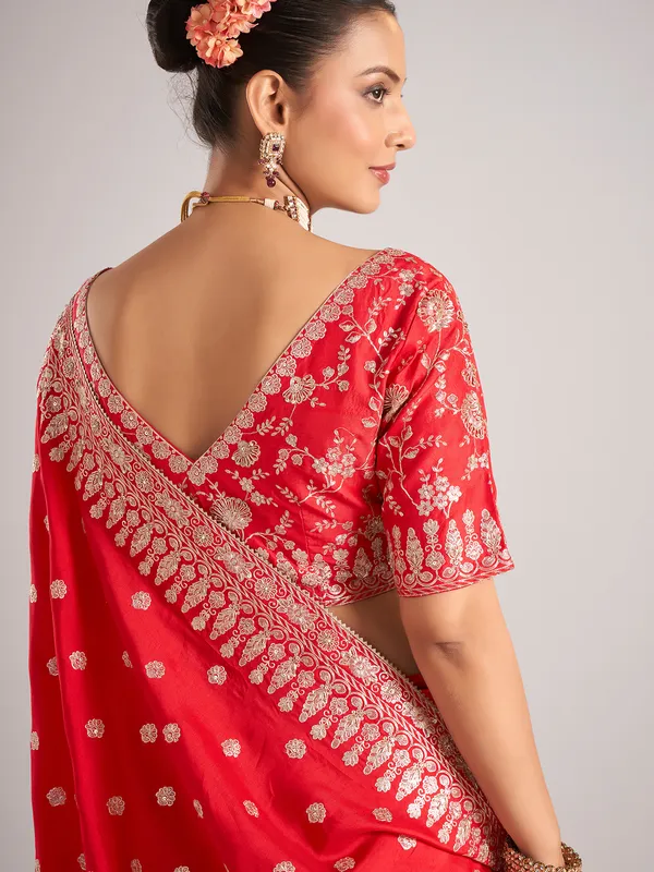 Red pure dola silk saree with beads and resham