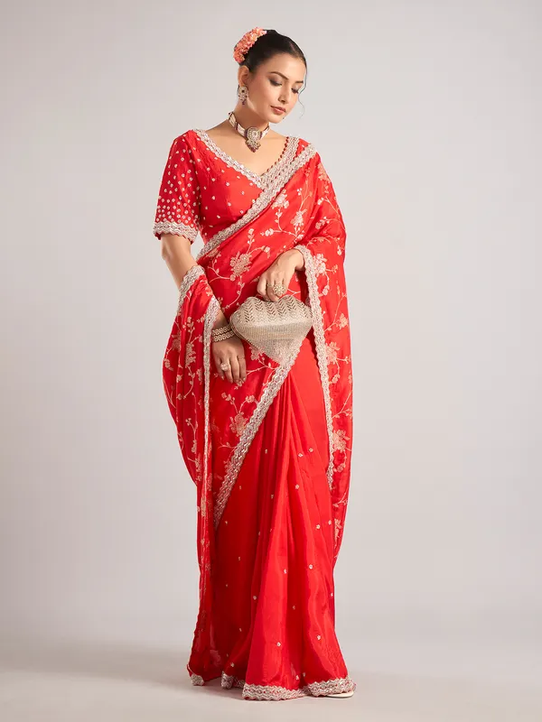 Red pure dola silk wedding wear saree