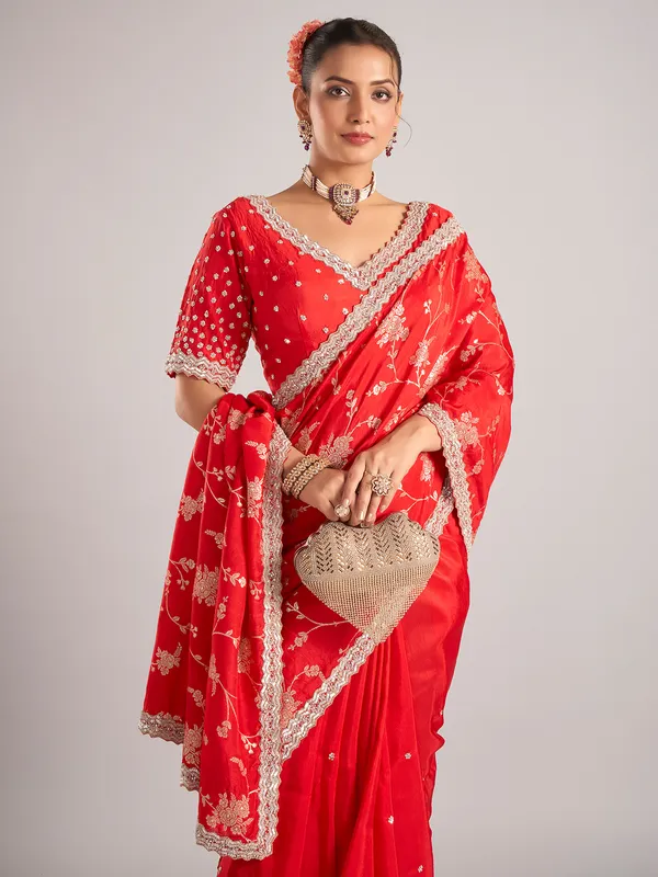 Red pure dola silk wedding wear saree