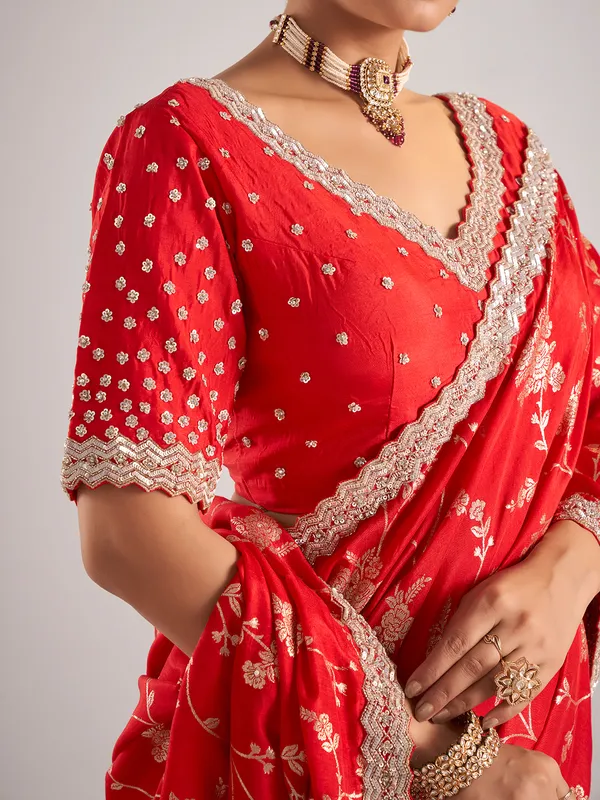 Red pure dola silk wedding wear saree