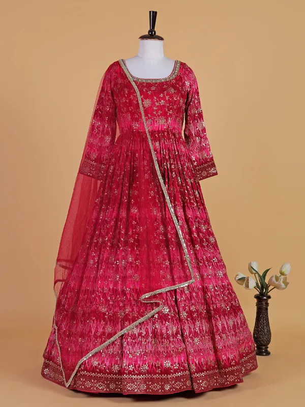 Red raw silk anarkali round neck suit