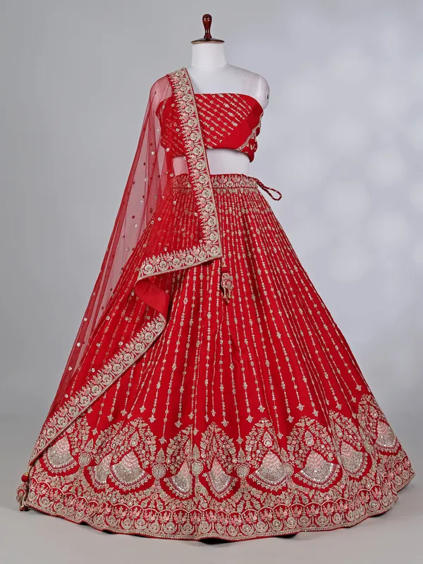 Red raw silk bridal lehenga choli with resham detailing